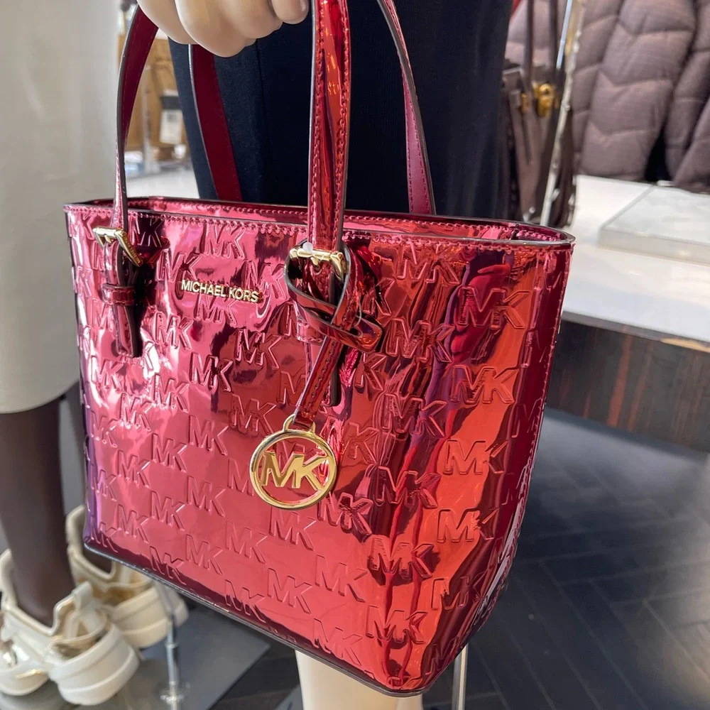 MICHAEL KORS Jet Set Extra-Sm Metallic Logo Debossed Convertible TZ Tote Cherry